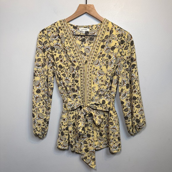 Max Studio Tops - Max Studio Women's Yellow Floral V-Neck Smocked Waist Tie Blouse Top Size Small